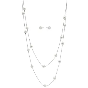 SILVER AND CREAM PEARL TWO ROW LAYER NECKLACE AND EARRINGS SET #SQWS0912516S(XL10)