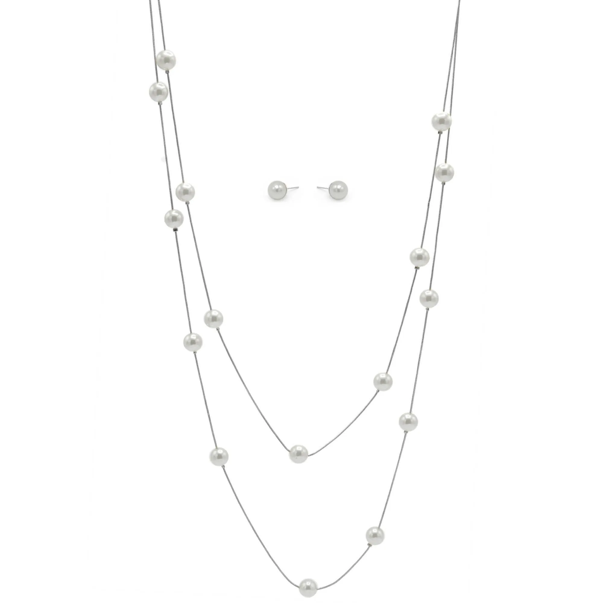 SILVER AND CREAM PEARL TWO ROW LAYER NECKLACE AND EARRINGS SET #SQWS0912516S(XL10)