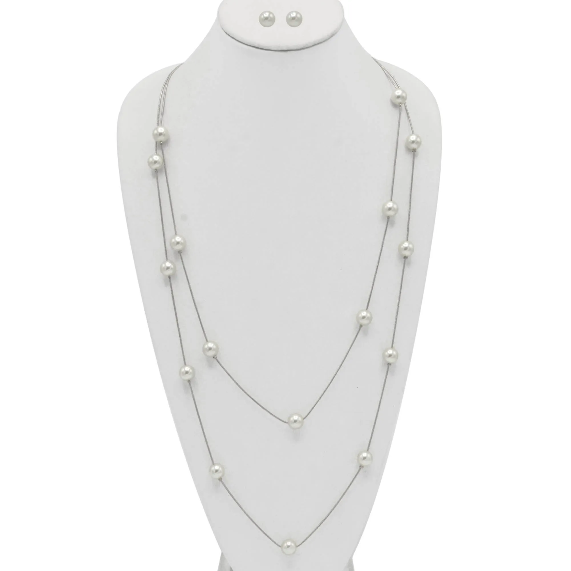 SILVER AND CREAM PEARL TWO ROW LAYER NECKLACE AND EARRINGS SET #SQWS0912516S(XL10)