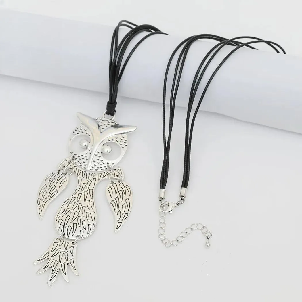 Silver Color Owl Suspension Pendants Long Collares Necklace Chains Accessories for Women