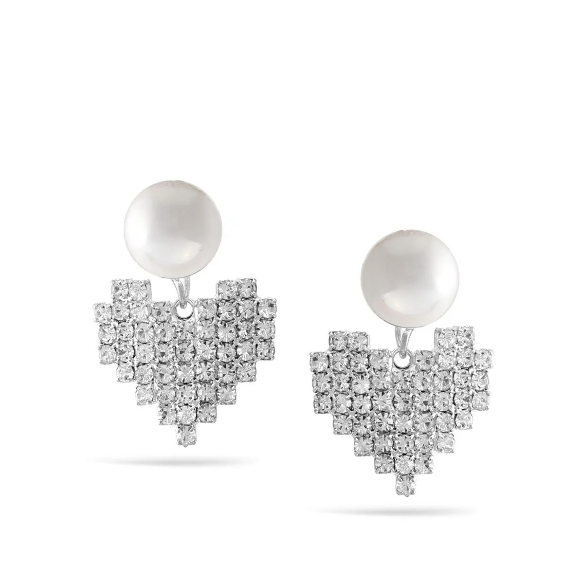 SILVER RHINESTONES HEART PEARL EARRINGS #SWKK-11349SIL (AD18)