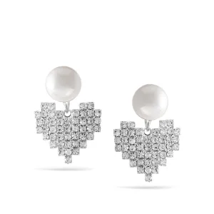 SILVER RHINESTONES HEART PEARL EARRINGS #SWKK-11349SIL (AD18)
