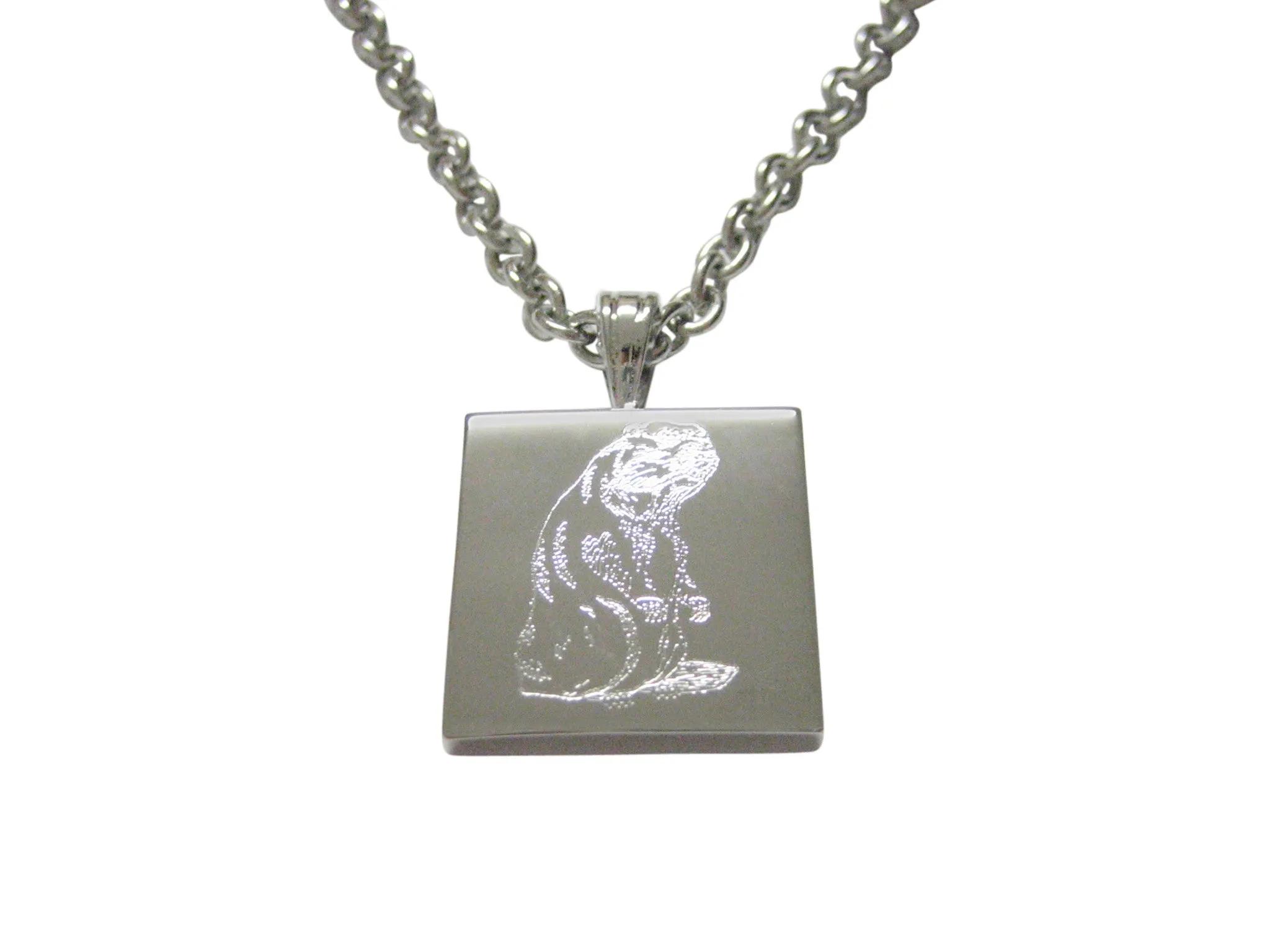 Silver Toned Etched Standing Beaver Pendant Necklace