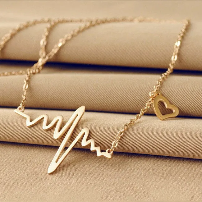 Simple Wave Heart Necklace Chic ECG Heartbeat Gold Plated Pendant Charm Lightning Necklace for Women Vintage Jewelry Accessories