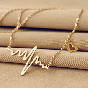 Simple Wave Heart Necklace Chic ECG Heartbeat Gold Plated Pendant Charm Lightning Necklace for Women Vintage Jewelry Accessories
