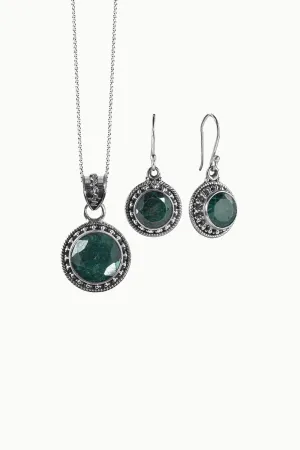 Sivalya Raw Emerald Silver Necklace and Earrings Jewelry Set - Aurora