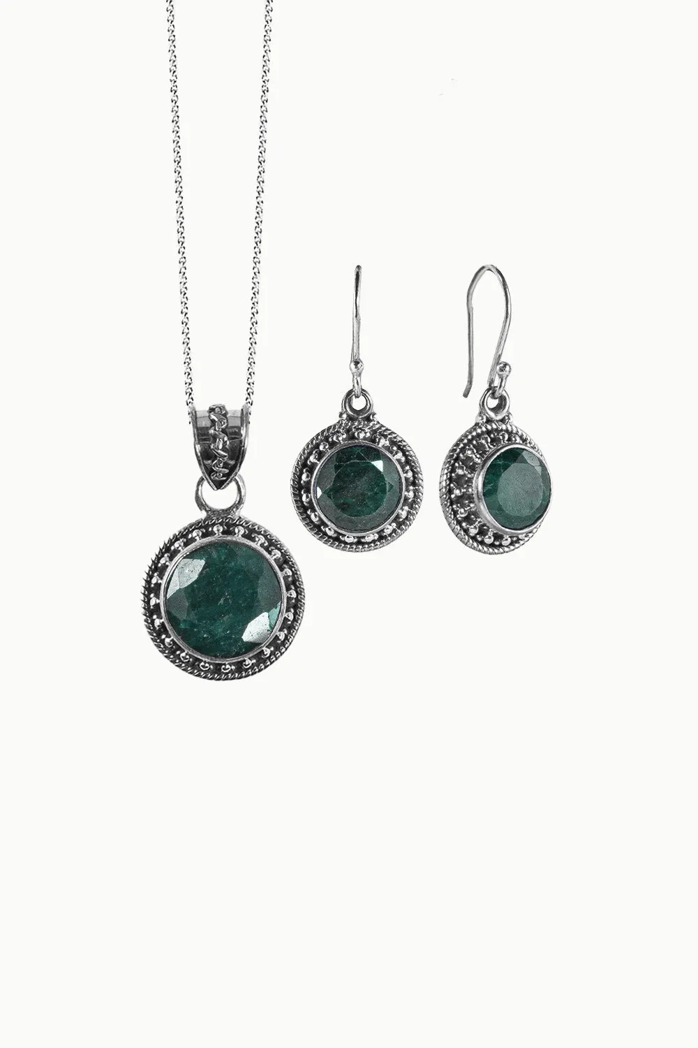 Sivalya Raw Emerald Silver Necklace and Earrings Jewelry Set - Aurora