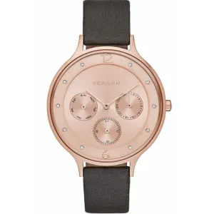 Skagen Anita Grey Leather Strap Rose Gold Dial Quartz Watch for Ladies - SKW 2392