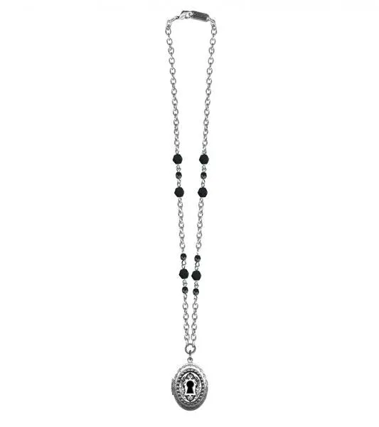 Small Keyhole Oval Pop Art Locket Necklace with Jet Glass Beads