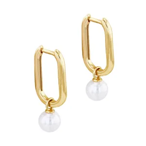 Soleil Collection Rectangular Hoop Earring With Drop Pearl | 9K Solid Yellow Gold