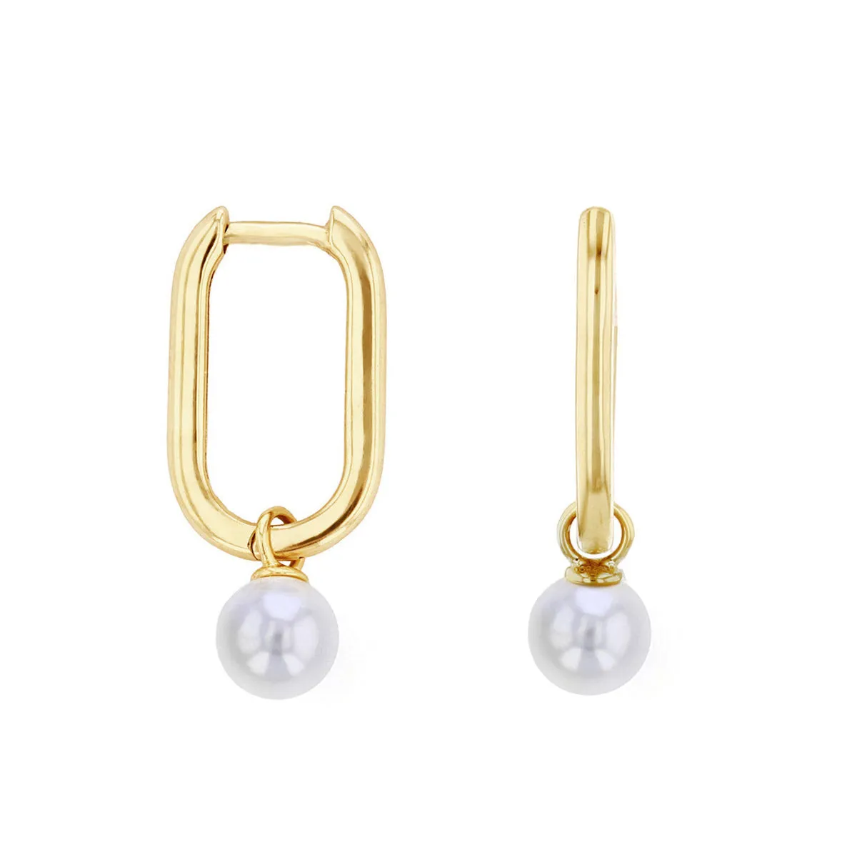 Soleil Collection Rectangular Hoop Earring With Drop Pearl | 9K Solid Yellow Gold