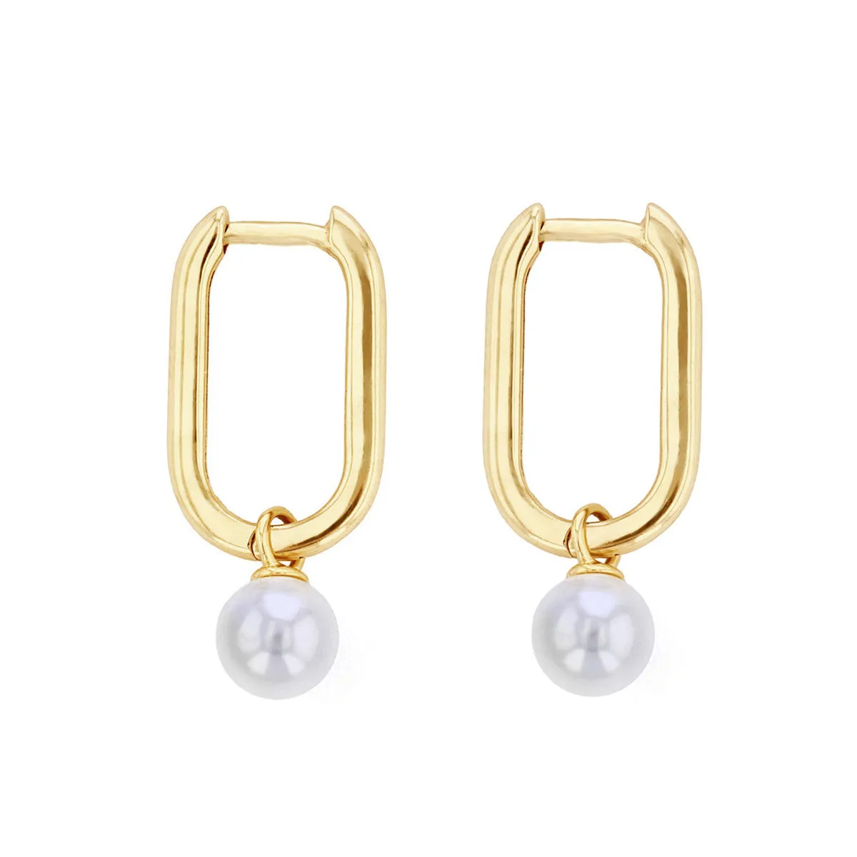 Soleil Collection Rectangular Hoop Earring With Drop Pearl | 9K Solid Yellow Gold