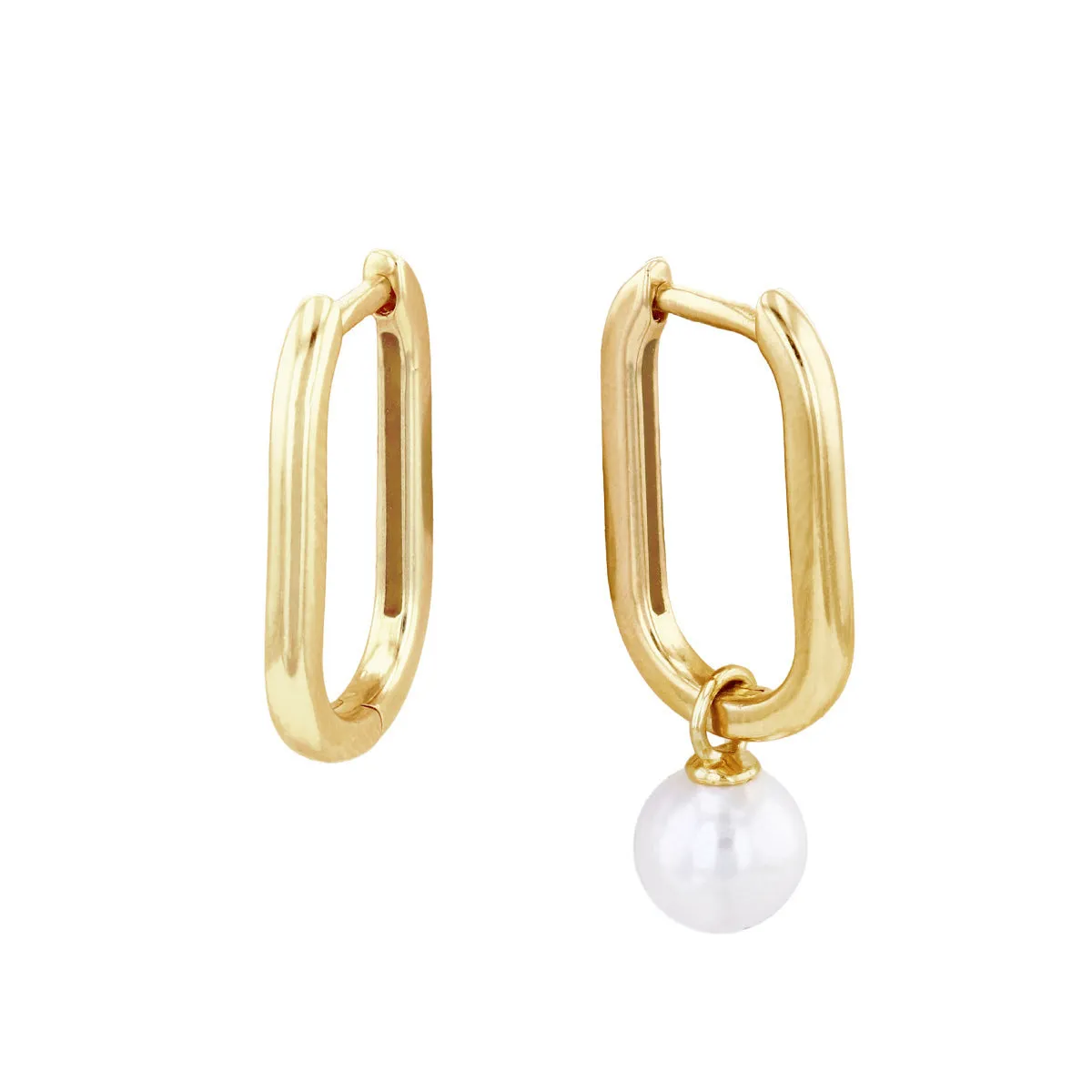 Soleil Collection Rectangular Hoop Earring With Drop Pearl | 9K Solid Yellow Gold