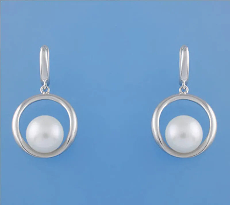 Sterling Silver Earrings with 10.5-11mm Button Shape Freshwater Pearl