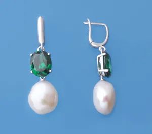 Sterling Silver Earrings with 11-11.5mm Oval Shape Freshwater Pearl and Cubic Zirconia