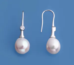 Sterling Silver Earrings with 11-12mm Oval Shape Freshwater Pearl and Cubic Zirconia