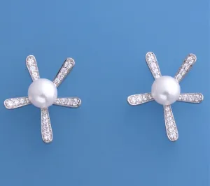 Sterling Silver Earrings with 6.5-7mm Button Shape Freshwater Pearl and Cubic Zirconia