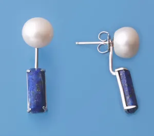 Sterling Silver Earrings with 9-9.5mm Button Shape Freshwater Pearl and Lapis Lazuli