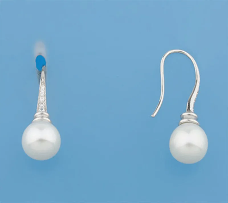 Sterling Silver Earrings with 9-9.5mm Oval Shape Freshwater Pearl and Cubic Zirconia