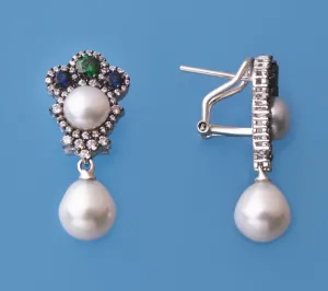 Sterling Silver Earrings with Freshwater Pearl, Cubic Zirconia and Corundum