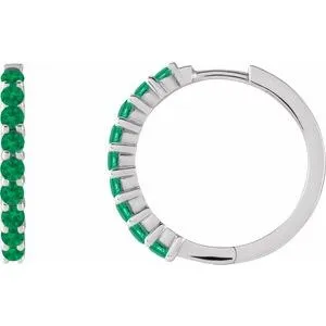 Sterling Silver Natural Emerald Cabochon 20 mm Huggie Hoop Earrings