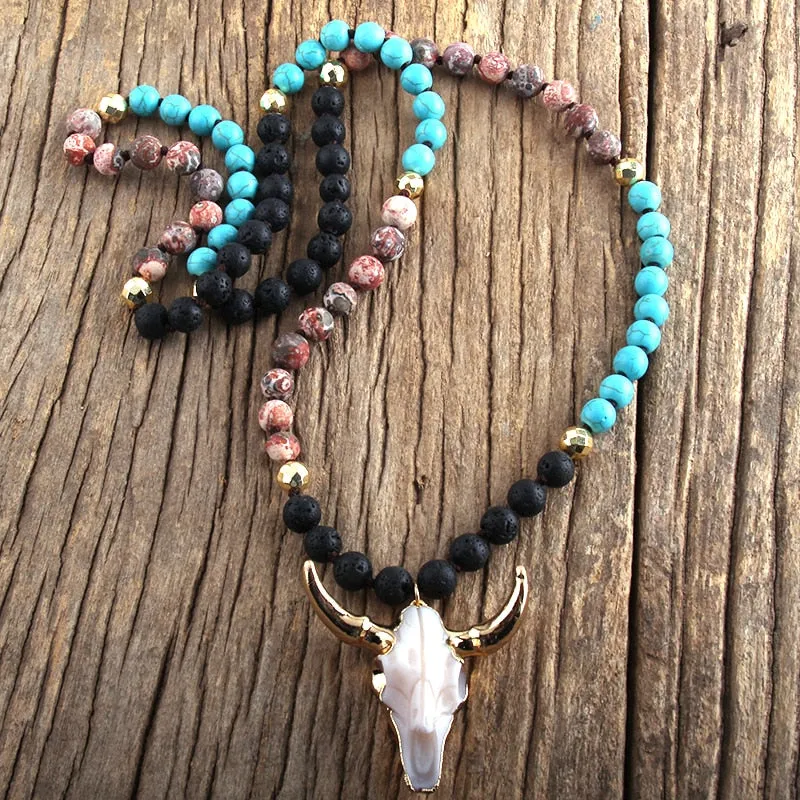 Stone Knotted Horn Pendant Necklace, Boho Jewelry, Skull Necklace