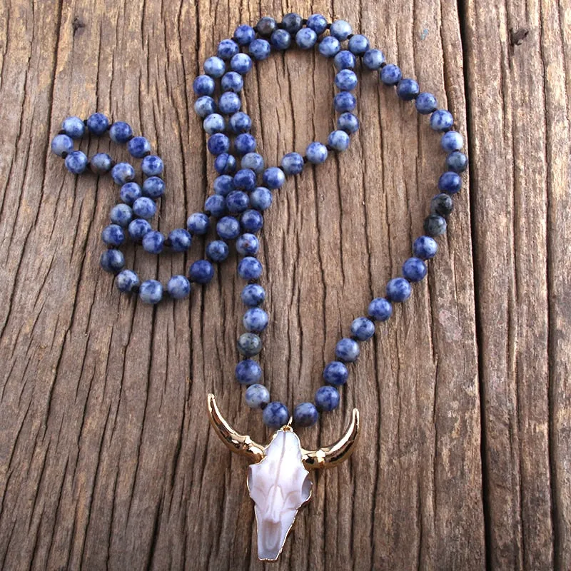 Stone Knotted Horn Pendant Necklace, Boho Jewelry, Skull Necklace