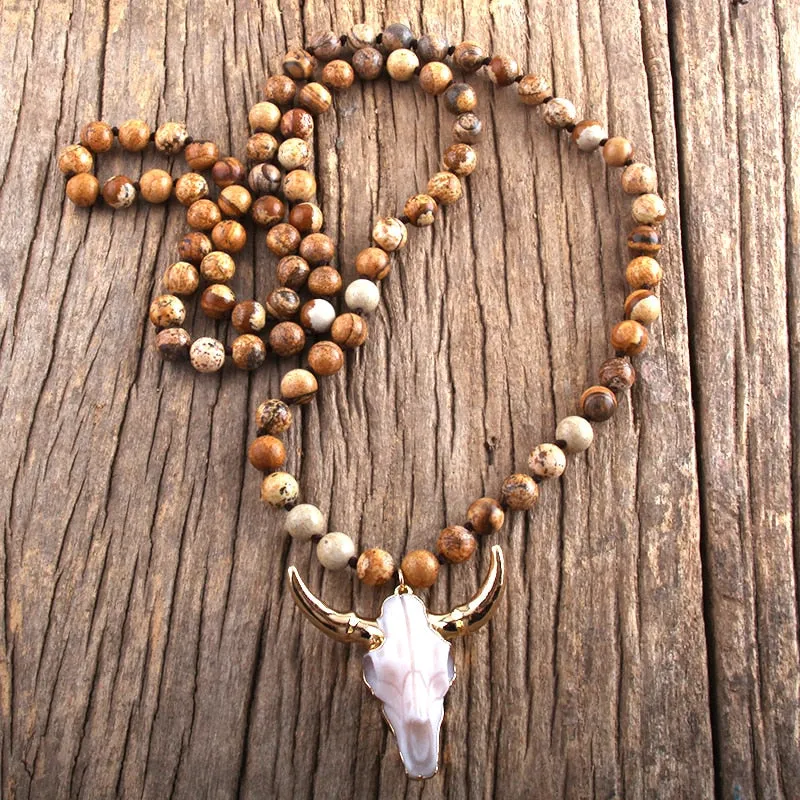 Stone Knotted Horn Pendant Necklace, Boho Jewelry, Skull Necklace
