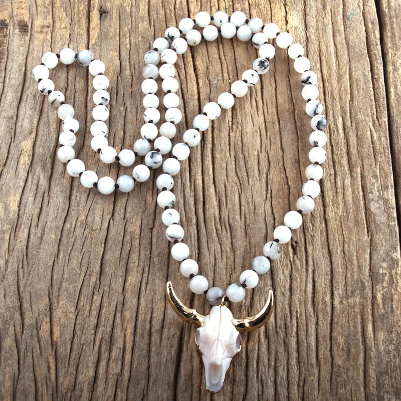 Stone Knotted Horn Pendant Necklace, Boho Jewelry, Skull Necklace