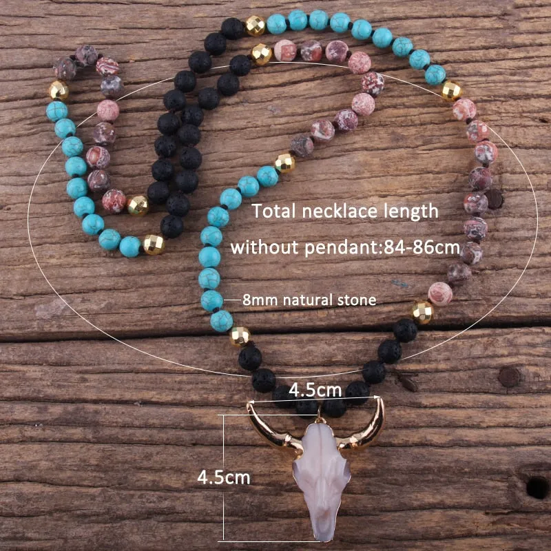 Stone Knotted Horn Pendant Necklace, Boho Jewelry, Skull Necklace