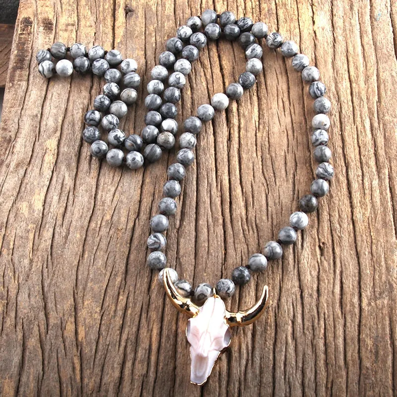 Stone Knotted Horn Pendant Necklace, Boho Jewelry, Skull Necklace