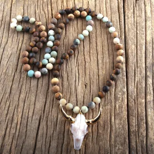 Stone Knotted Horn Pendant Necklace, Boho Jewelry, Skull Necklace
