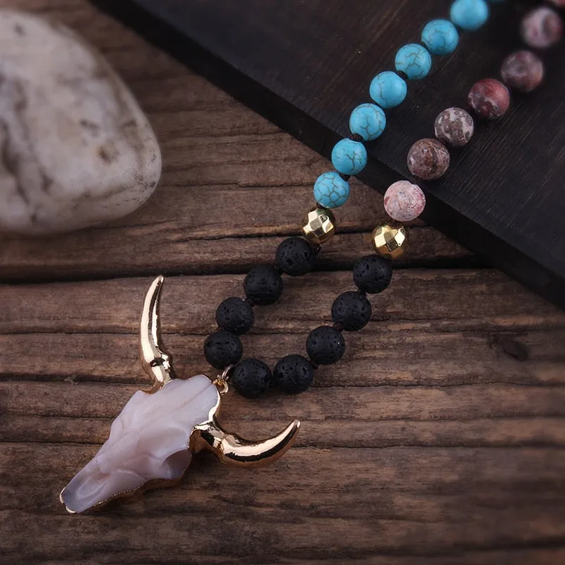 Stone Knotted Horn Pendant Necklace, Boho Jewelry, Skull Necklace