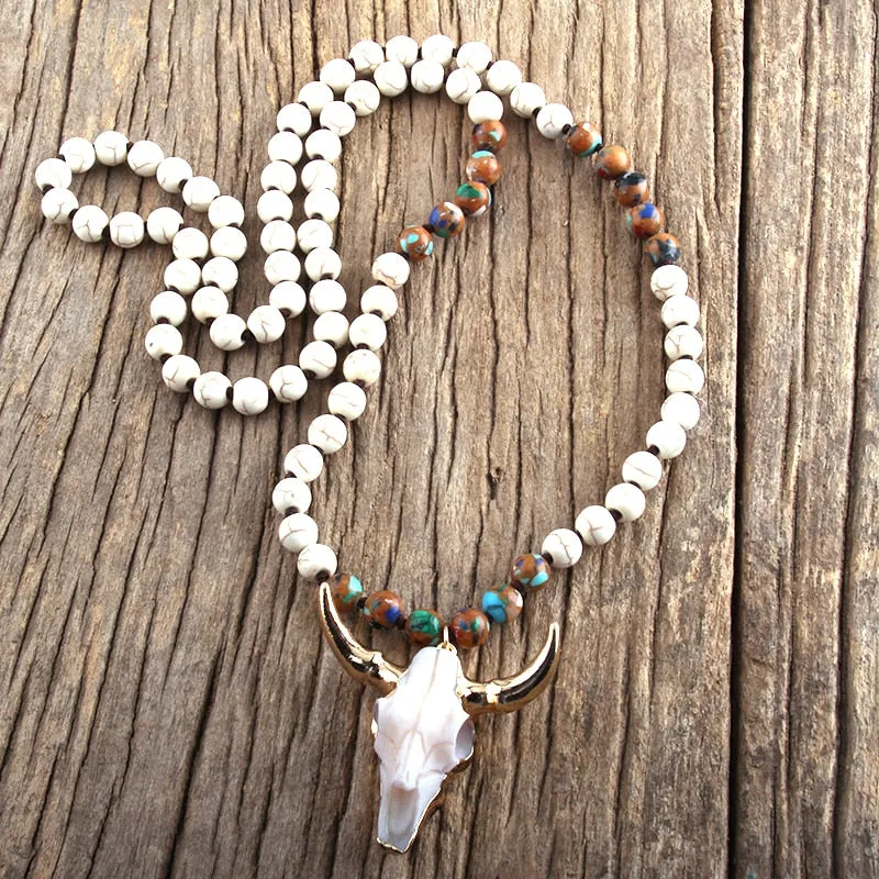 Stone Knotted Horn Pendant Necklace, Boho Jewelry, Skull Necklace
