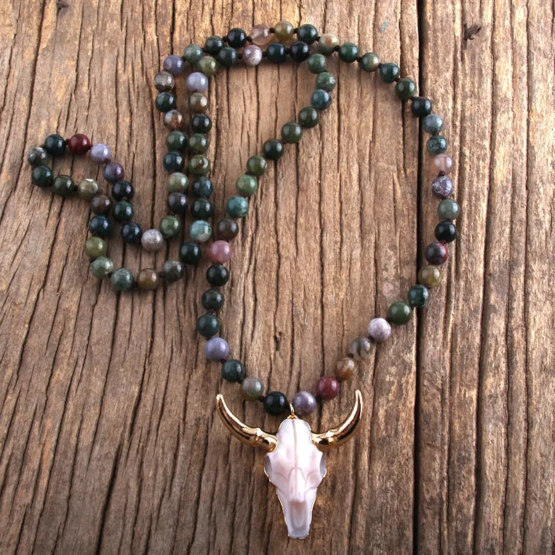 Stone Knotted Horn Pendant Necklace, Boho Jewelry, Skull Necklace