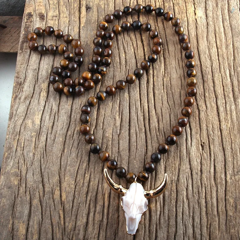 Stone Knotted Horn Pendant Necklace, Boho Jewelry, Skull Necklace