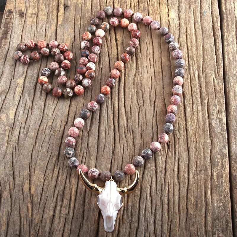 Stone Knotted Horn Pendant Necklace, Boho Jewelry, Skull Necklace