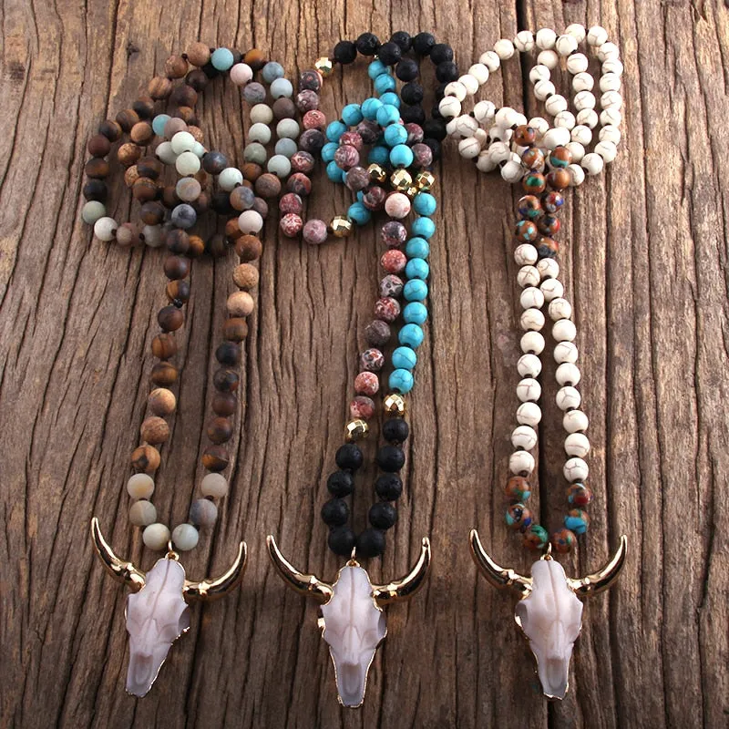 Stone Knotted Horn Pendant Necklace, Boho Jewelry, Skull Necklace