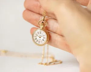Super small watch necklace Seagull gold plated, lady pendant watch unique Roman numerals dial sunburst case cabochon crown jewelry gift