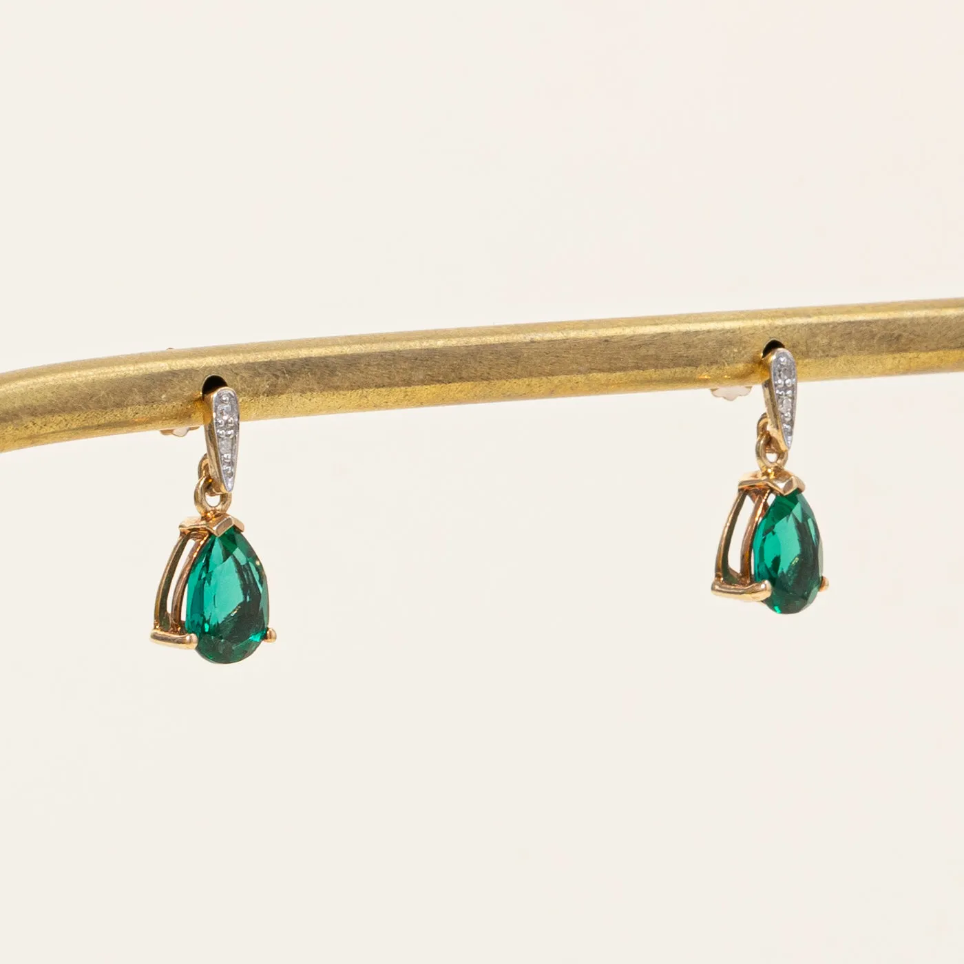 Synthetic Emerald & Diamond Drop Earrings | 1.00ctw, 0.02ctw |