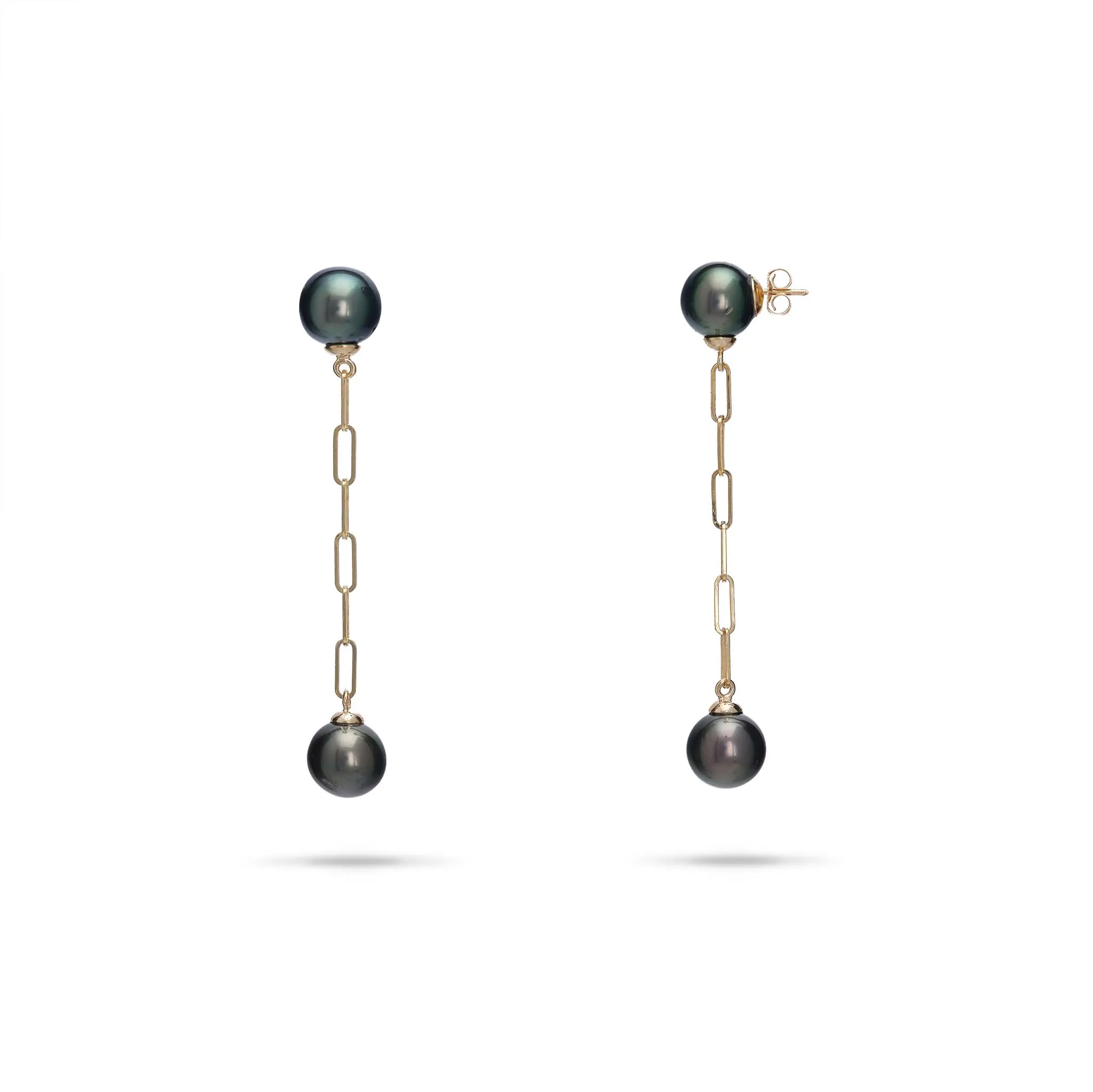 Tahitian Black Pearl Paperclip Chain Earrings in Gold - 9-11mm