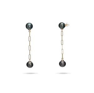Tahitian Black Pearl Paperclip Chain Earrings in Gold - 9-11mm