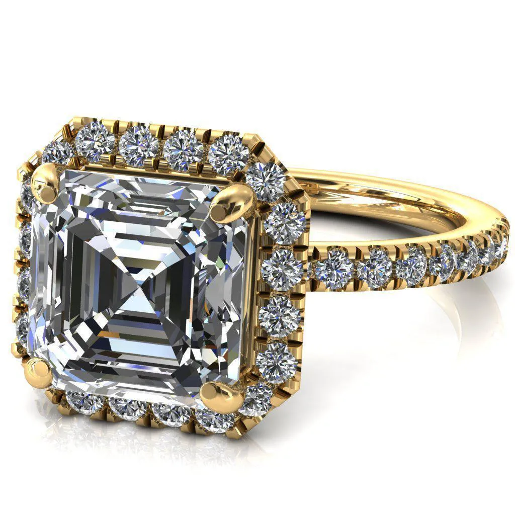 Talia Asscher Moissanite 4 Prong Halo 5/8 Micropave Ring