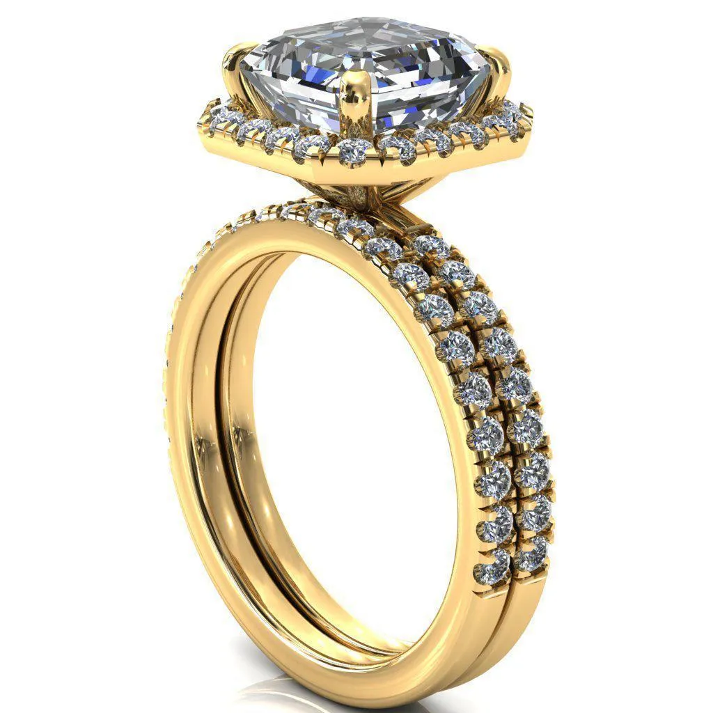 Talia Asscher Moissanite 4 Prong Halo 5/8 Micropave Ring