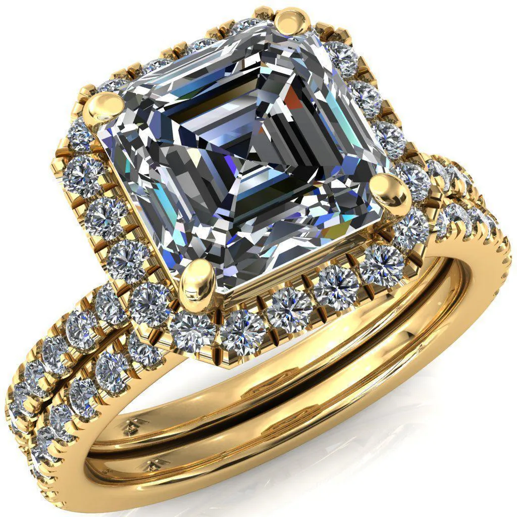 Talia Asscher Moissanite 4 Prong Halo 5/8 Micropave Ring