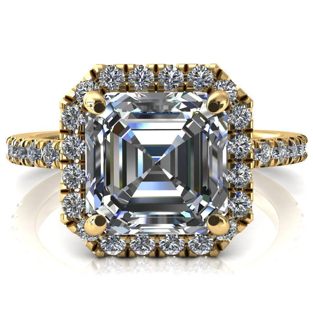 Talia Asscher Moissanite 4 Prong Halo 5/8 Micropave Ring