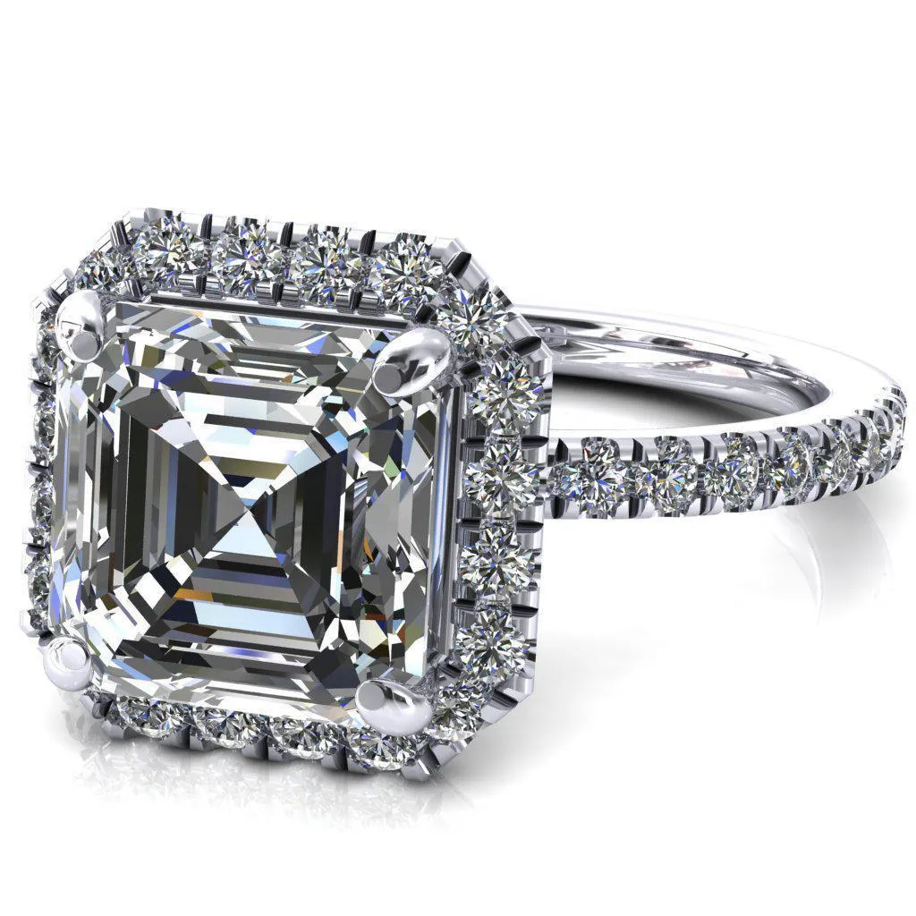 Talia Asscher Moissanite 4 Prong Halo 5/8 Micropave Ring