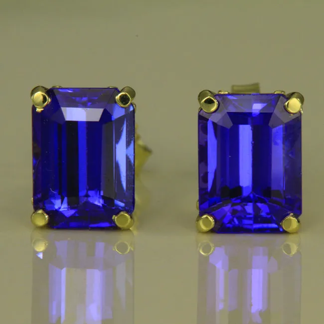 Tanzanite Emerald Cut Earrings in Yellow Gold