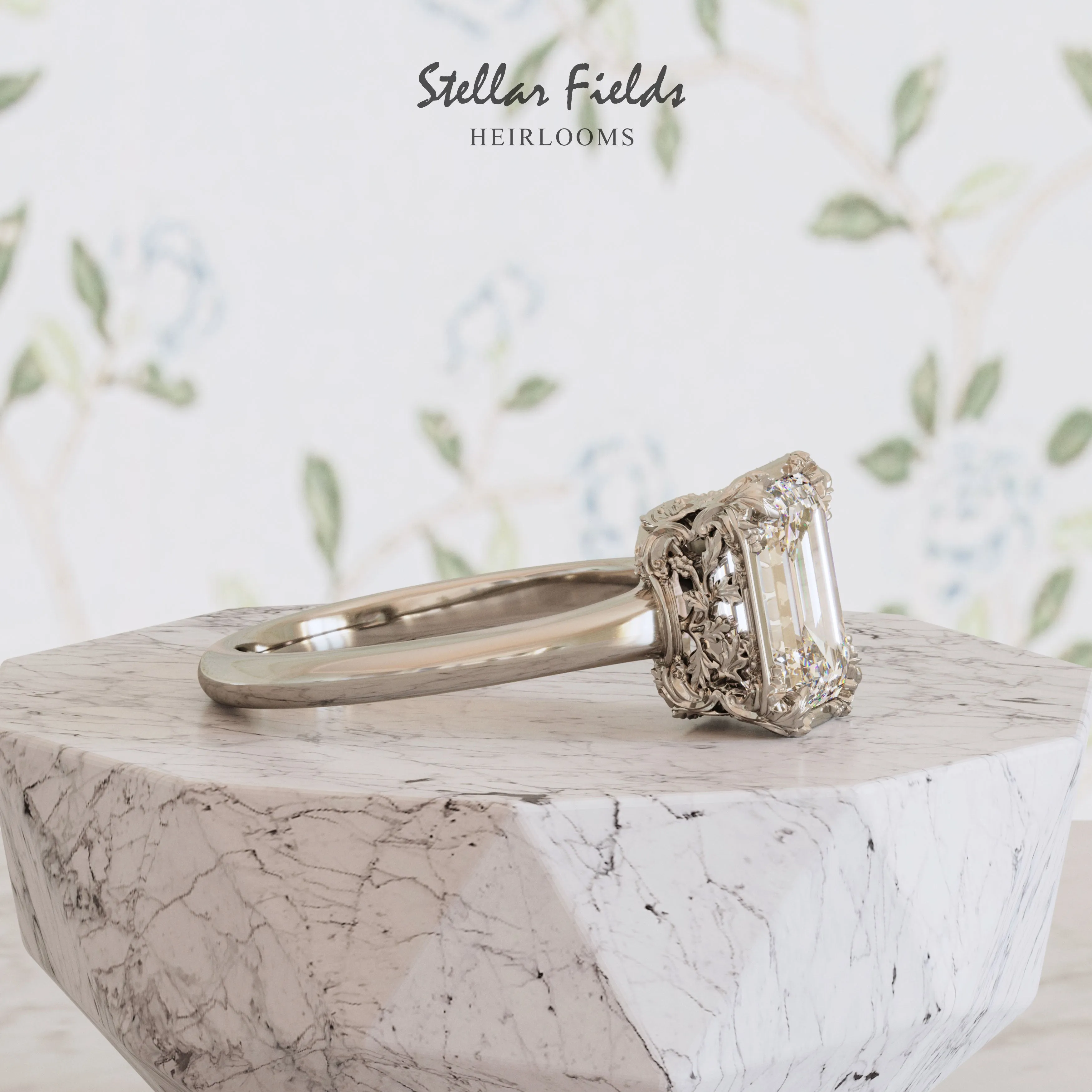 Teodora Intricate Foliage Engagement Ring Minimal Band