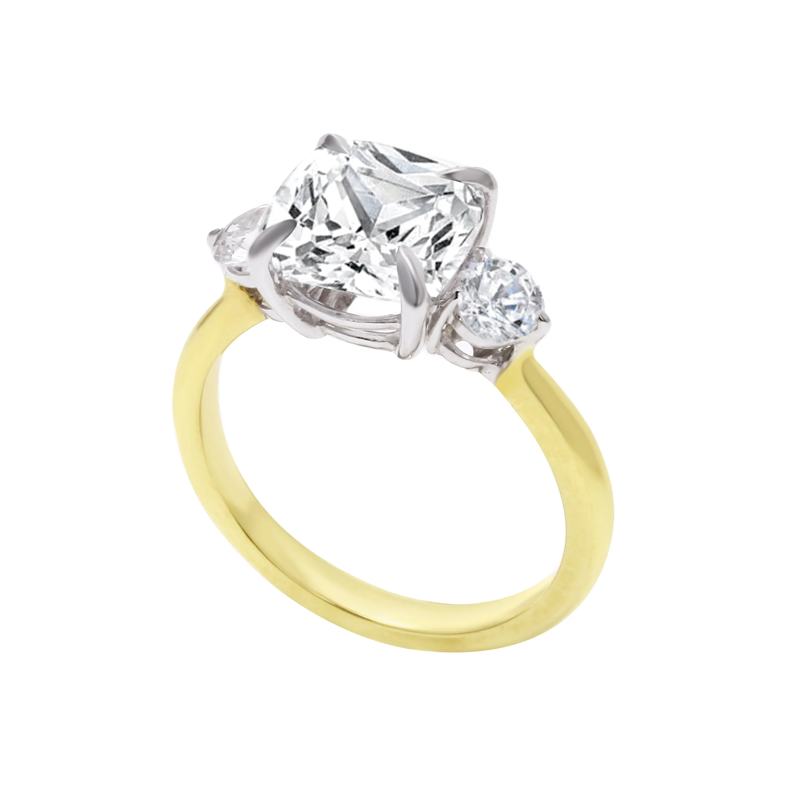 Three Stone Cushion and Round Cut Diamond Engagement Ring Setting